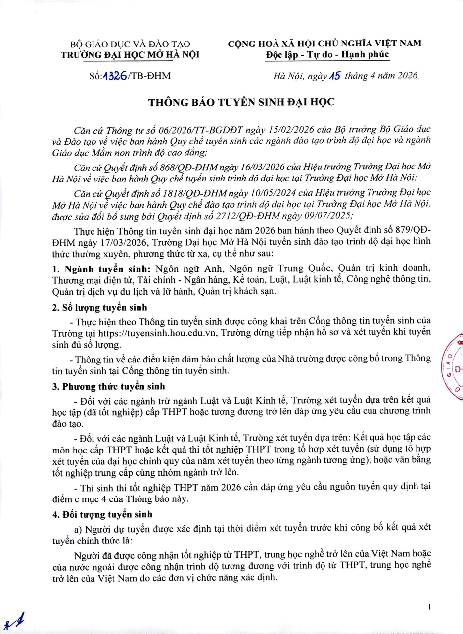 Thông báo tuyển sinh 2026 Thông báo tuyển sinh 2026